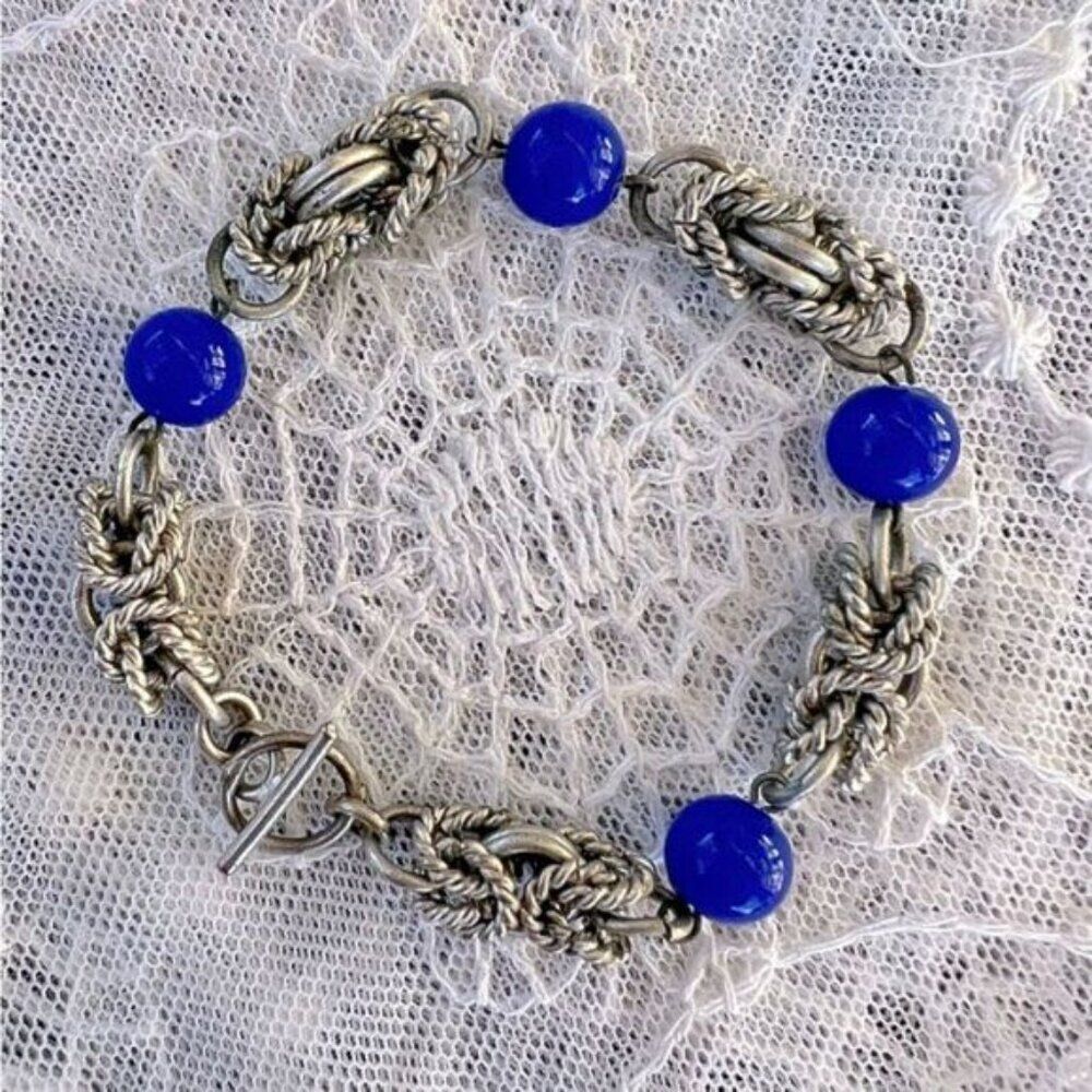 Vintage Art Deco Cobalt Blue Bead & Chrome Byzantine Knot Bracelet Jakob Bengal - Picture 2 of 6